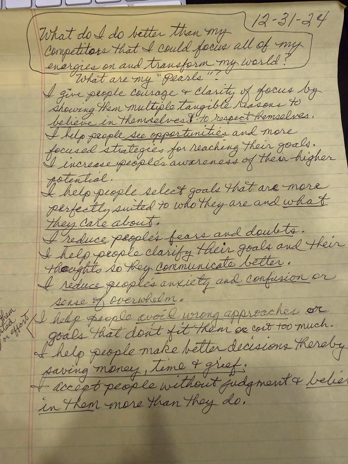Jim Cathcart's handwritten list of what he does better than competitors, written December 31, 2024