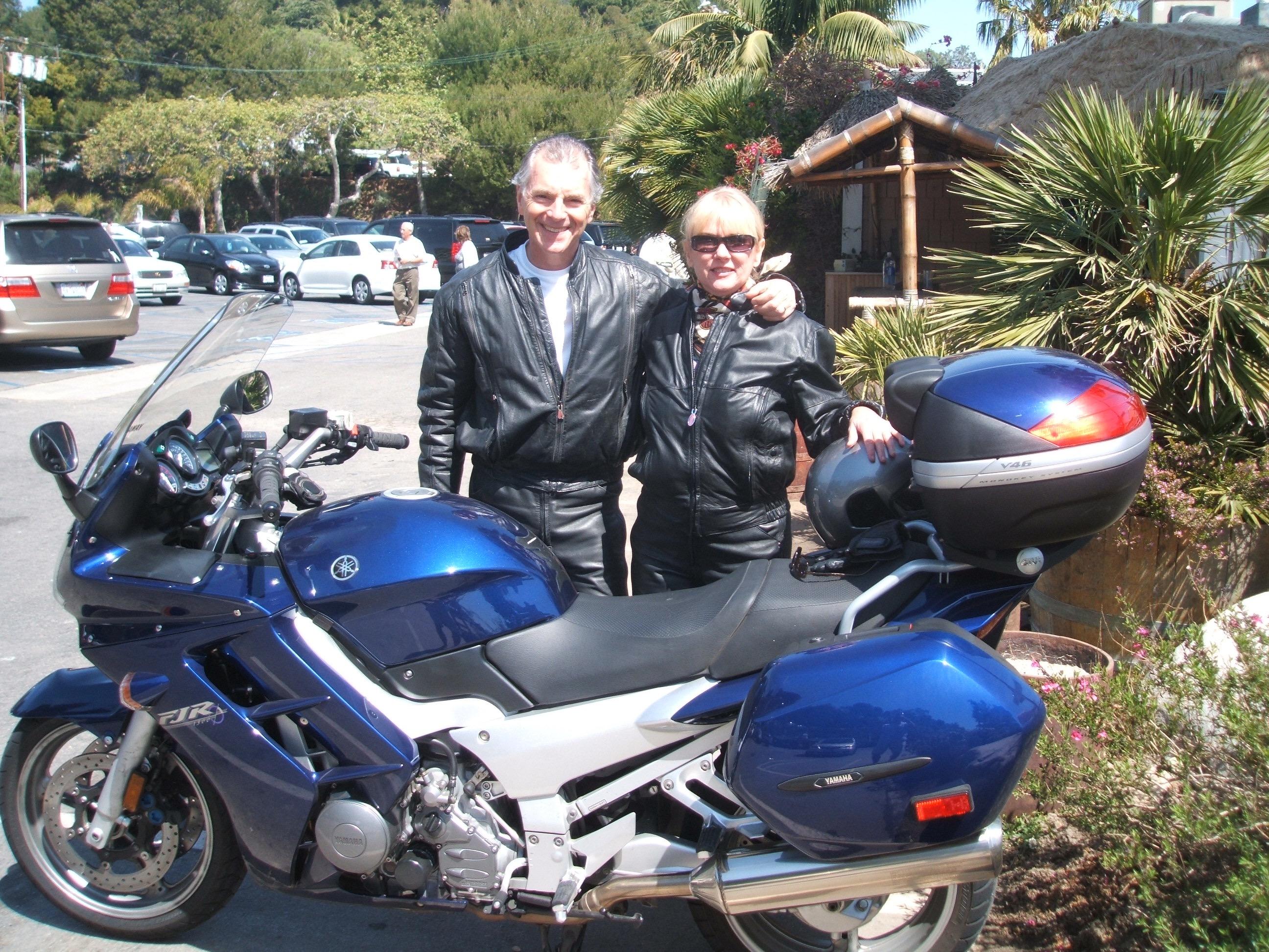 Jim and Paula Cathcart by their blue Yamaha FJR