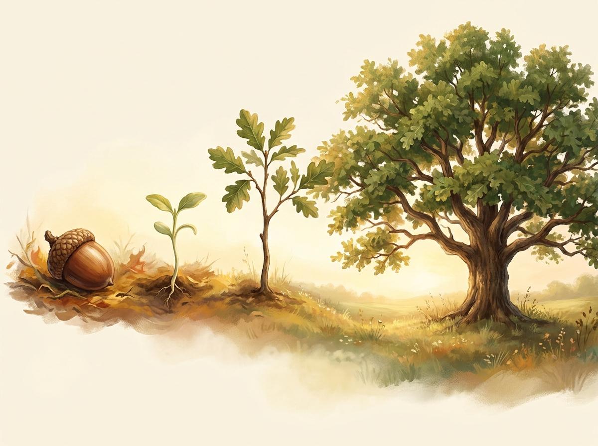 Hand-painted illustration of an acorn sprouting, growing into a seedling, sapling, and mature oak tree across a warm landscape