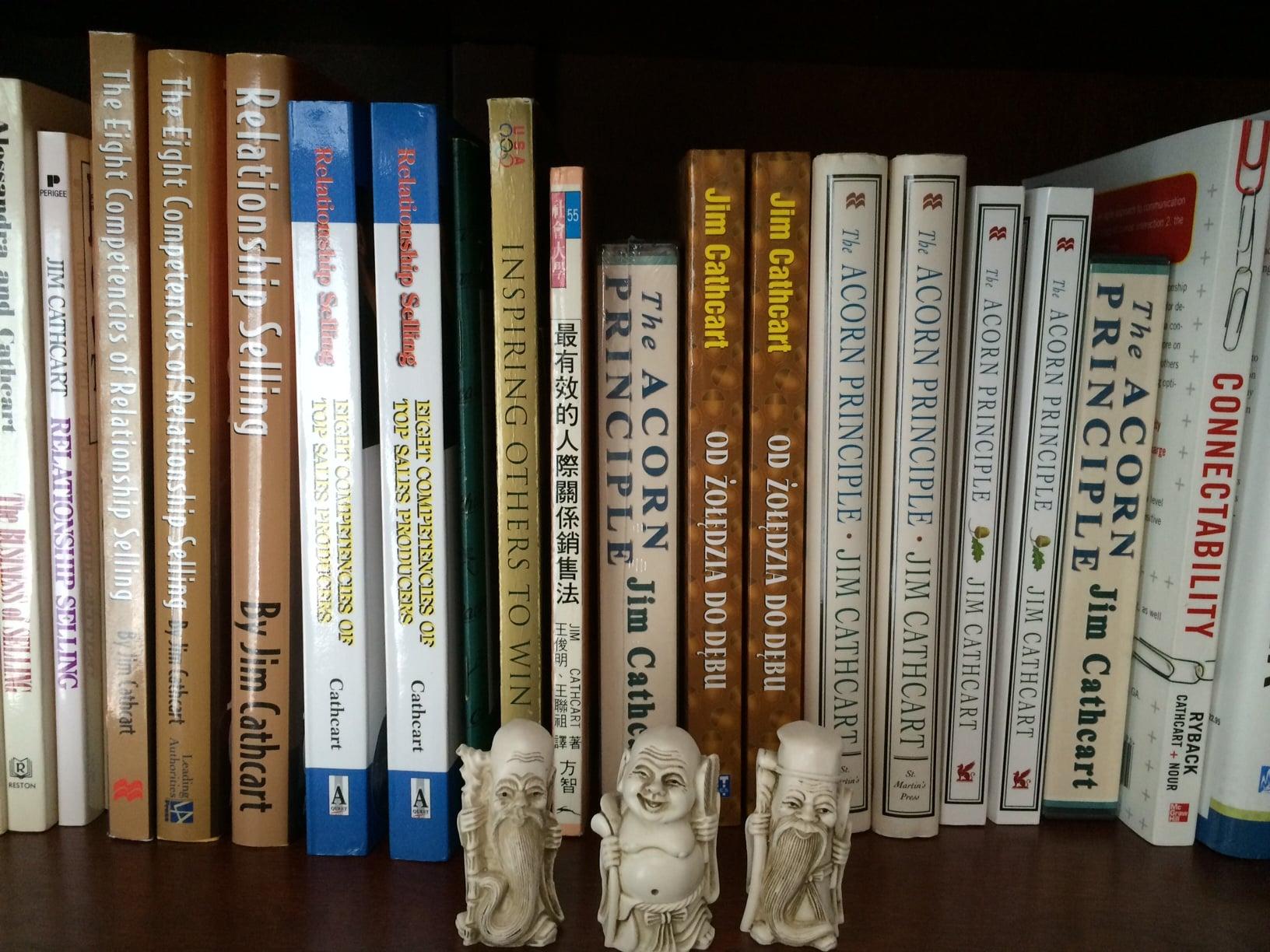 Jim Cathcart's bookshelf displaying his published titles