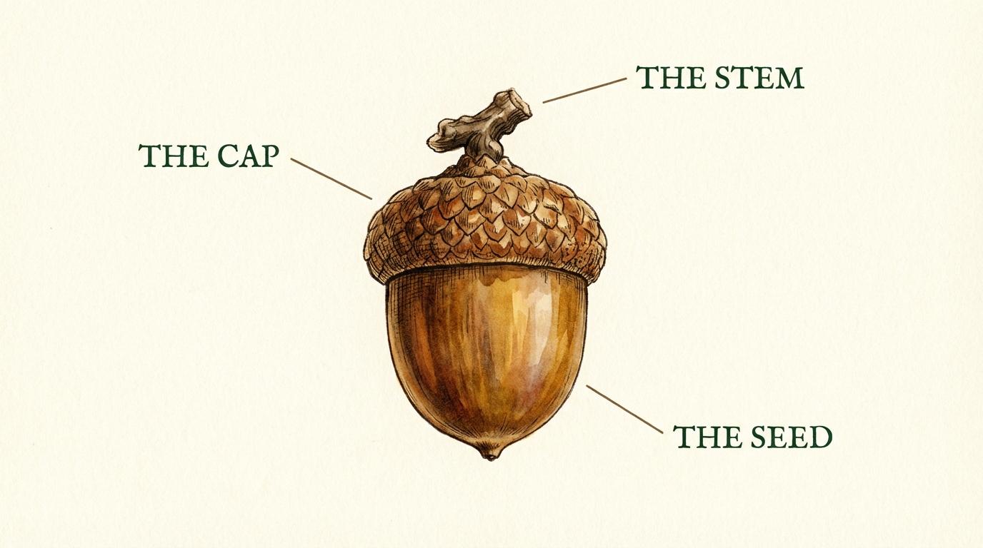 Botanical plate of an acorn labeled with The Stem, The Cap, and The Seed