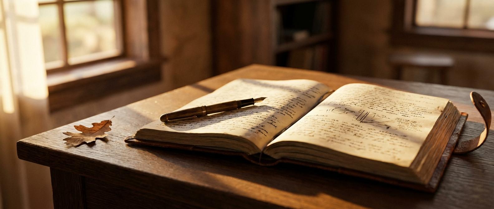 Leather journal with handwritten notes on an oak desk