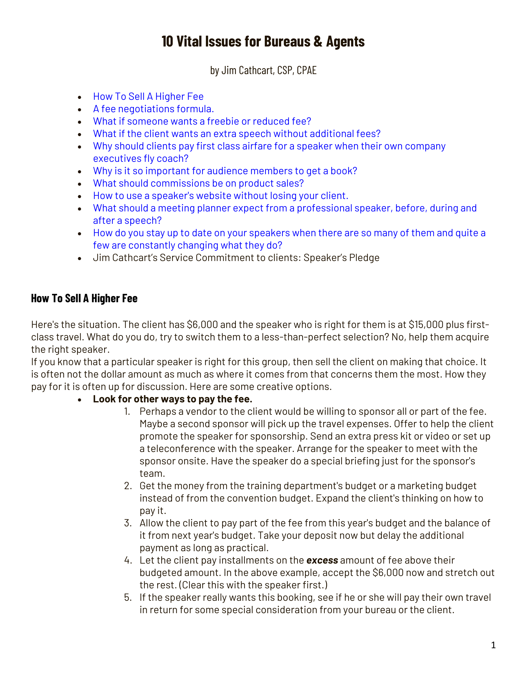 10 Vital Issues for Bureaus and Agents by Jim Cathcart, the list of issues covered