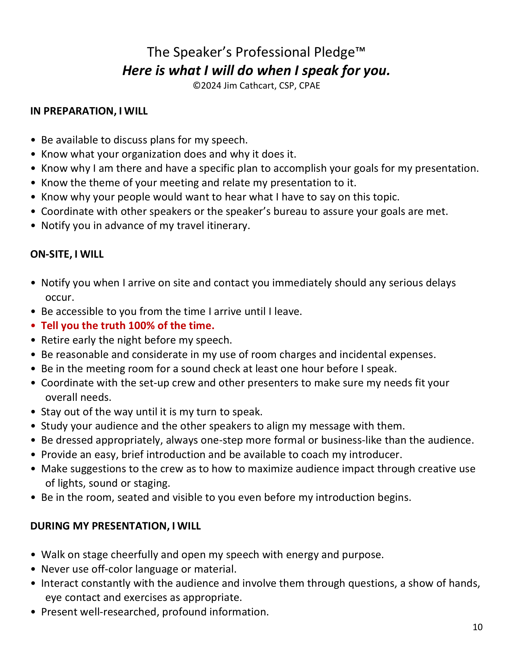 The Speaker's Professional Pledge by Jim Cathcart, page one: what he will do in preparation and on site