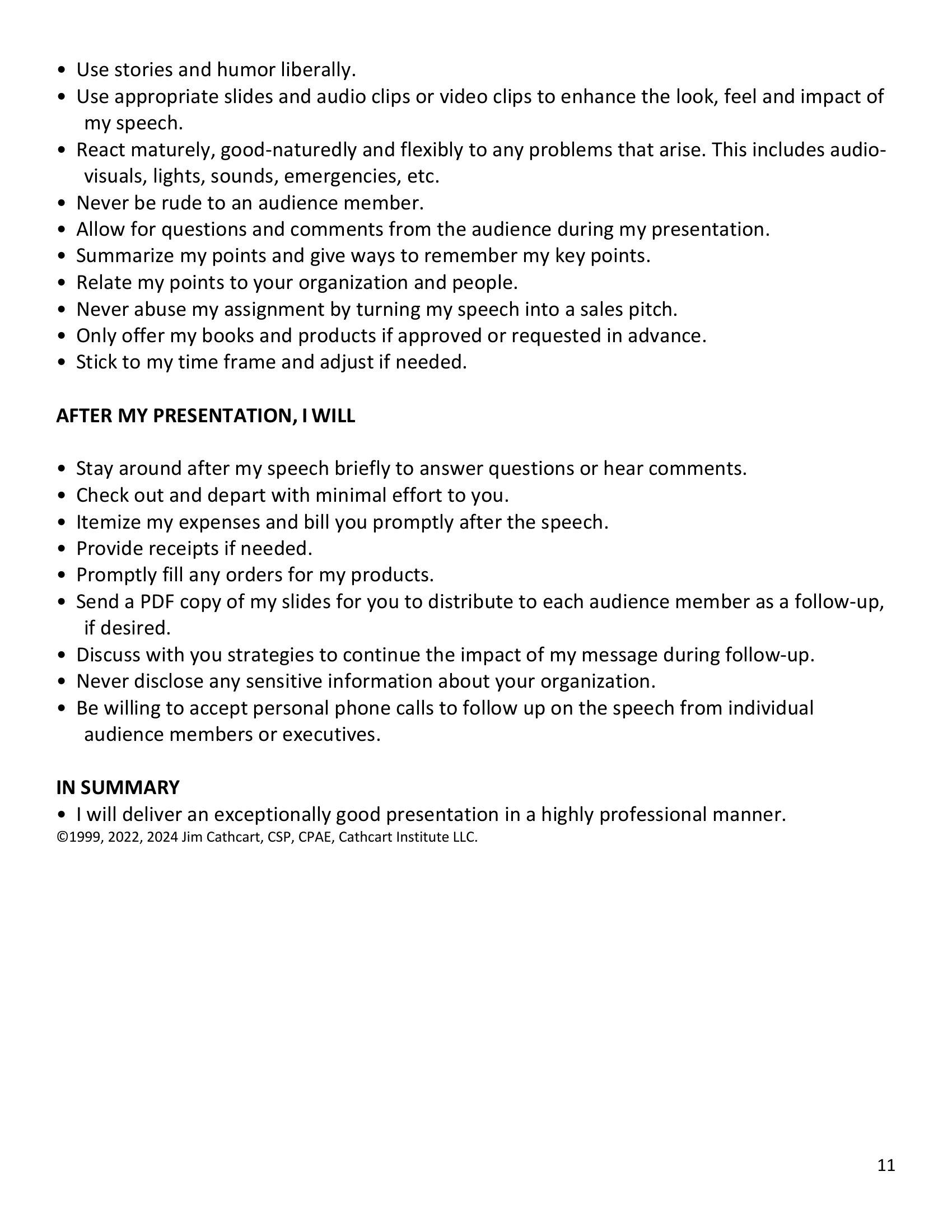 The Speaker's Professional Pledge by Jim Cathcart, page two: how he delivers and what he will not do